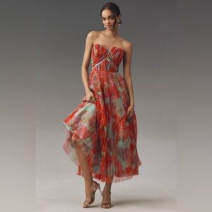 Hutch Strapless Pleated Midi Dress in Red and Mint Floral